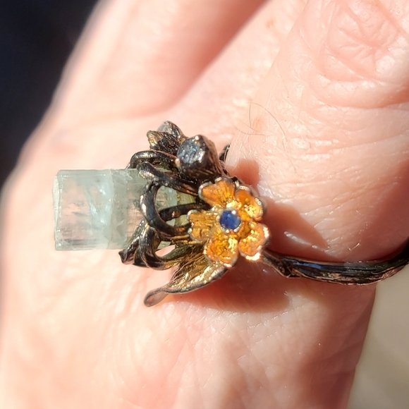 All Natural Aquamarine pillar Gemstone .925 Silver w/sapphire & Aquamarine sz8 - Picture 9 of 14